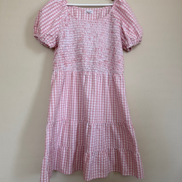 chloe + rene Dresses & Skirts - Chloe + Rene Gingham Puff Sleeve Smocked Mini Dress Pink White Women Size XL
